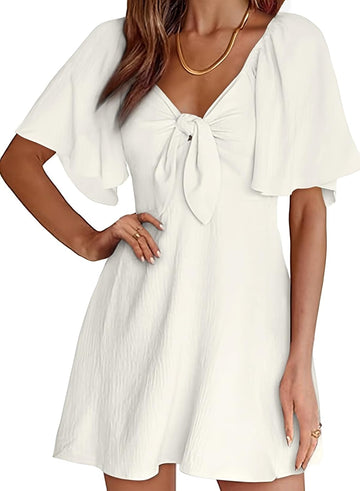 Womens Dresses 2025 Summer Fall Deep V Neck Elegant Bow Tie Mini Dress S-XL