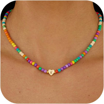 Initial Necklaces for Women Teen Trendy Colorful Beaded Heart Letter Charm Choker Boho Necklace Dainty Personalized Cute Jewelry Gifts