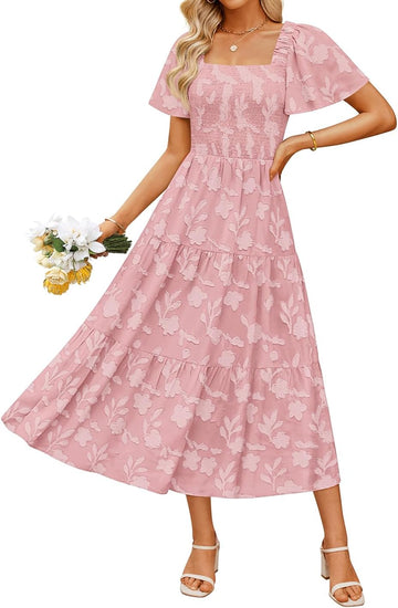 Women‘S Summer Boho Floral Midi Dress 2025 Casual Short Sleeve Square Neck Flowy Beach Vacation Long Dress