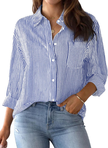 Womens Button down Shirts Striped Classic Long Sleeve Collared Office Work Blouses Tops with Pocket