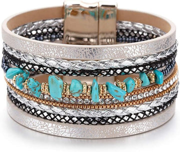 Leather Wrap Bracelets for Women, Boho Leopard Multi-Layer Crystal Beads Cuff Bracelet Jewelry