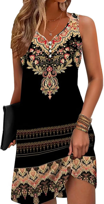 Floral Printed Summer Dresses A-Line Elegant Dress Womens Vintage Sleeveless Beach Sundress