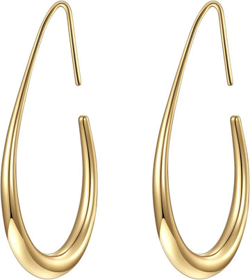Lightweight Teardrop Hoop Earrings for Women - 14K Gold/White Gold Plated Large Oval Pull through Hoop Earrings High Polished Statement Jewelry Gift for Women