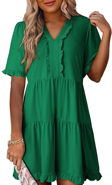 Womens Dresses 2025 Summer Spring V Neck Short Sleeve Casual a Line Flowy Swing Shift Dress Mini Dress