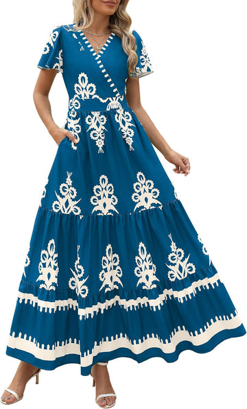 Womens 2025 Summer Casual V Neck Boho Maxi Dress Flowy Aline Bell Sleeve Tiered Floral Dresses with Pocket