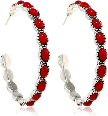 Boho Turquoise Oval Drop Dangle Earrings for Women Beaded Western Flower Teardrop Earrings Vintage Ethnic Alloy Pendant Jewelry Gift