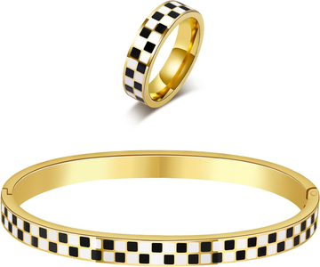 Black White Stainless Steel Jewelry Set - Checkered Couple Ring & Bracelet Stackable, Non Tarnish Gift for Women Men