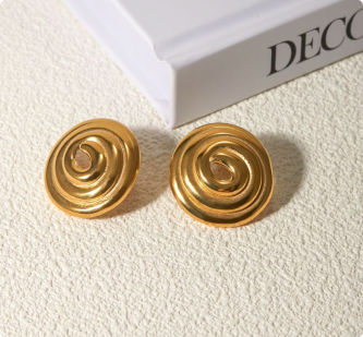 8K Gold Stainless Steel Threaded Ring Disc Mosquito-repellent Incense-shaped Gold Plated Large Earrings