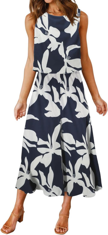 Women'S Summer 2 Piece Outfits round Neck Crop Basic Top Cropped Wide Leg Pants Set Jumpsuits