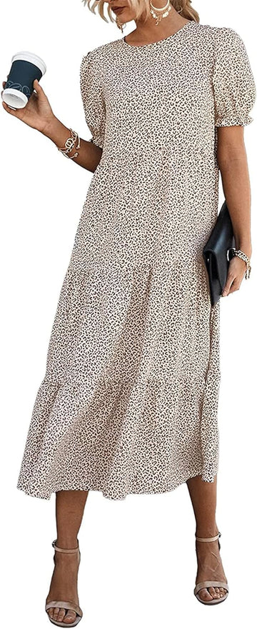 Summer Dresses for Women 2025 Casual Floral Boho Midi Sun Dress Puff Short Sleeve Flowy Beach Vacation Sundress