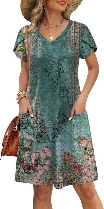 Womens Summer Dresses 2025 Tulip Petal Short Sleeve V Neck Loose Swing Sundresses with Pockets Plain/Print