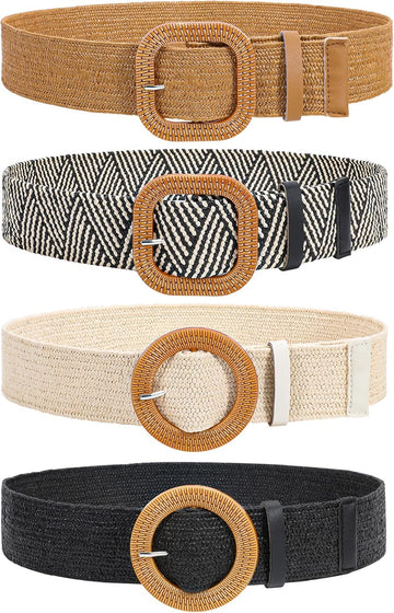 4 Pack Straw Woven Elastic Stretch Waist Belt Fashion Boho Dress Braided Belts for Women