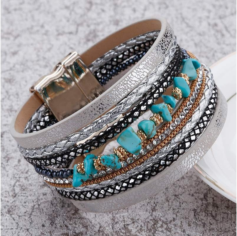 Leather Wrap Bracelets for Women, Boho Leopard Multi-Layer Crystal Beads Cuff Bracelet Jewelry
