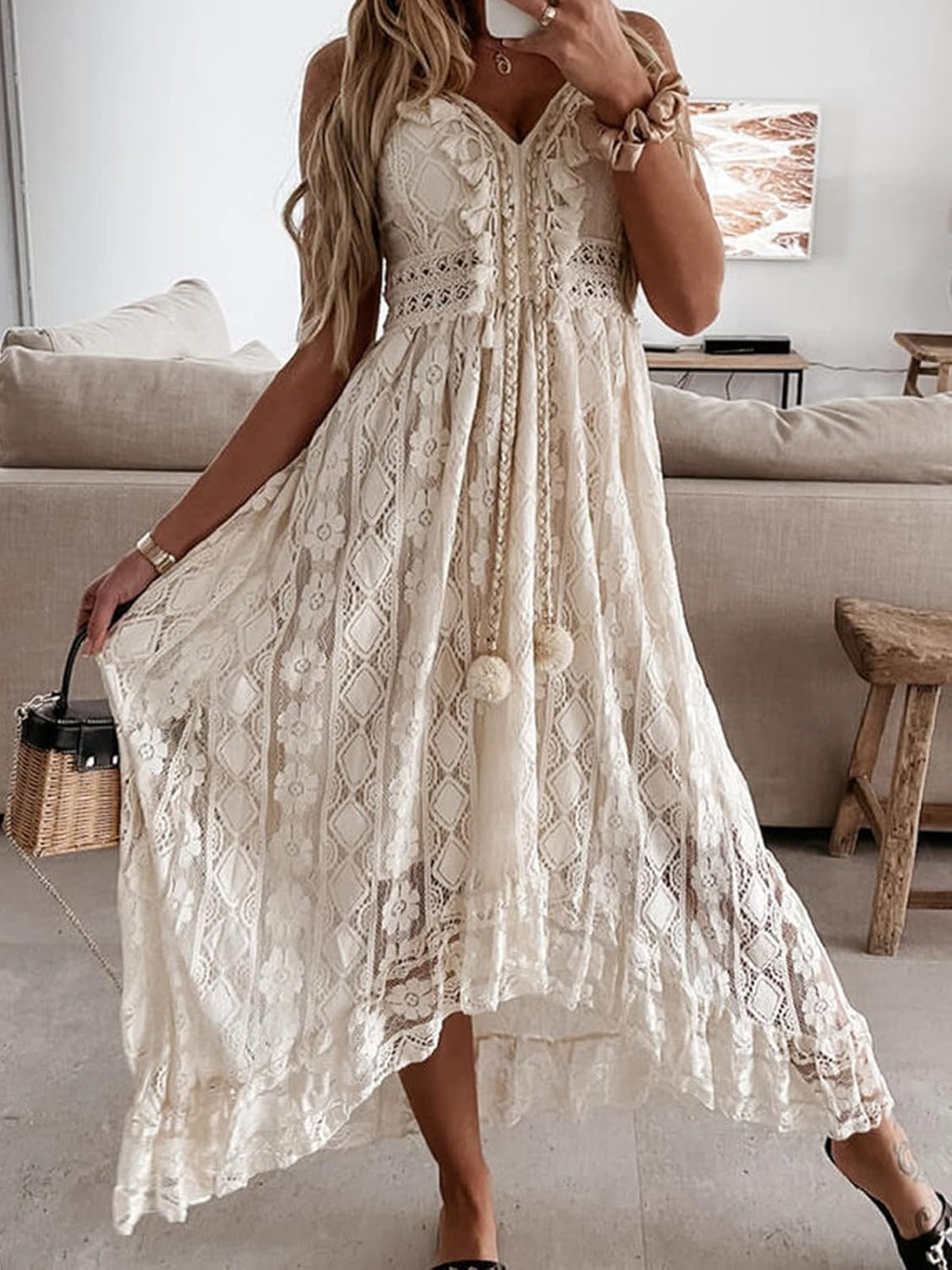 Women'S Summer Dresses Sleeveless Lace Casual Tassel Beach Spaghetti Straps Flowy Maxi Sun Dress