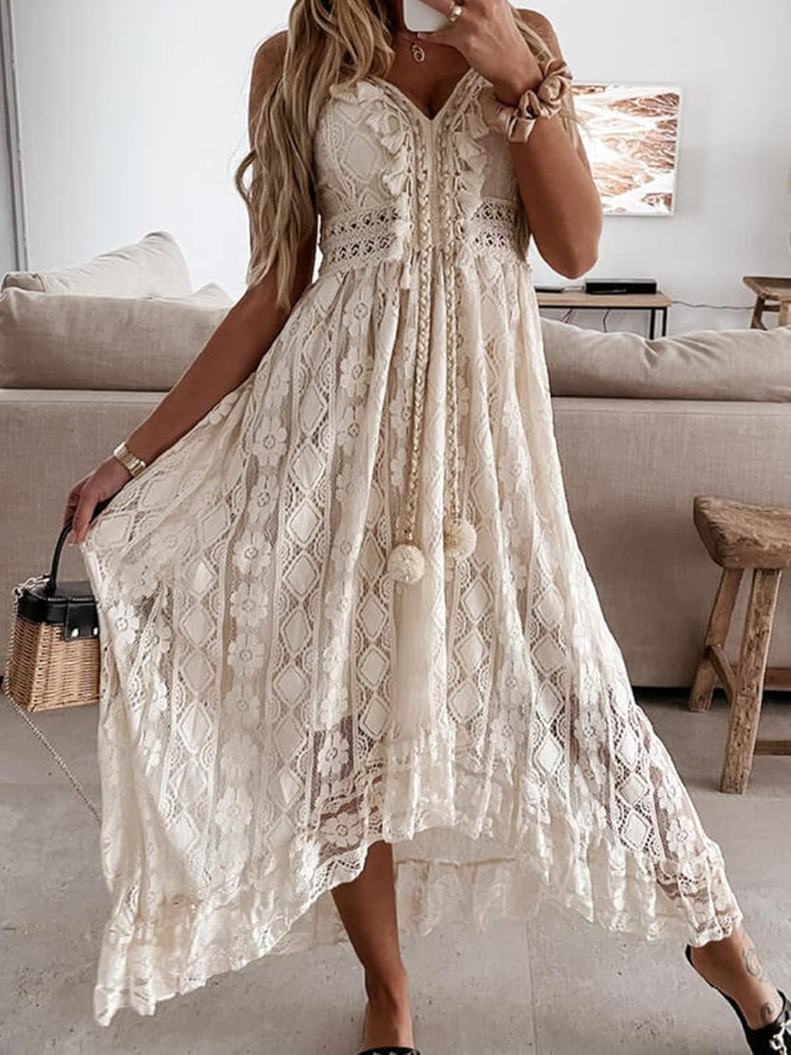 Women'S Summer Dresses Sleeveless Lace Casual Tassel Beach Spaghetti Straps Flowy Maxi Sun Dress