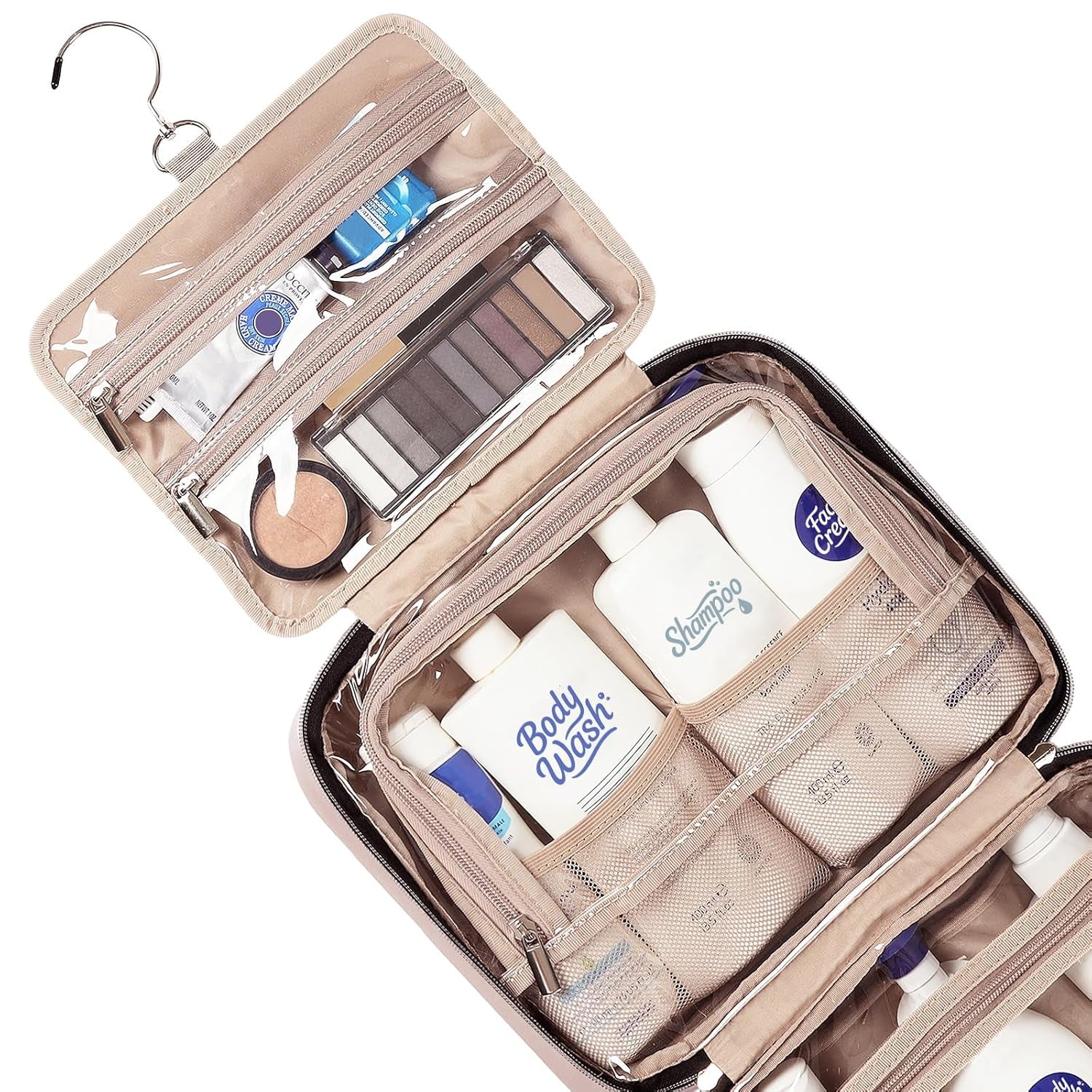 Travel Toiletry Bag for Women, Portable Hanging Organizer for Full-Sized Shampoo, Conditioner, Brushes Set, Makeup Accessories, Large Size, Pink