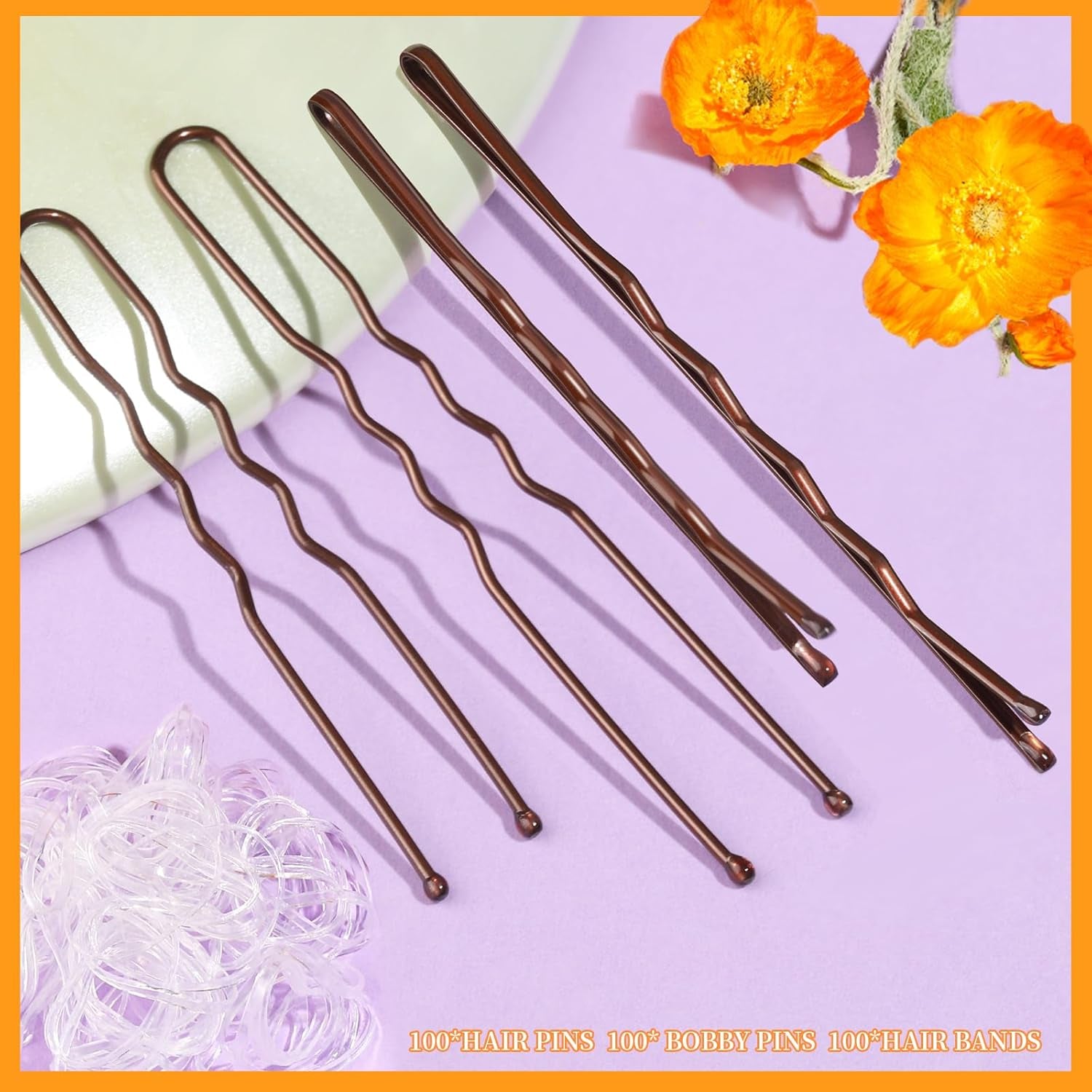 300Pcs Bobby Pins Hair Pins Kit - 100 Brown, 100 U Shape, 100 Hair Bands - 2Inch, 2.36Inch, 2.75Inch Pins for Women'S Buns