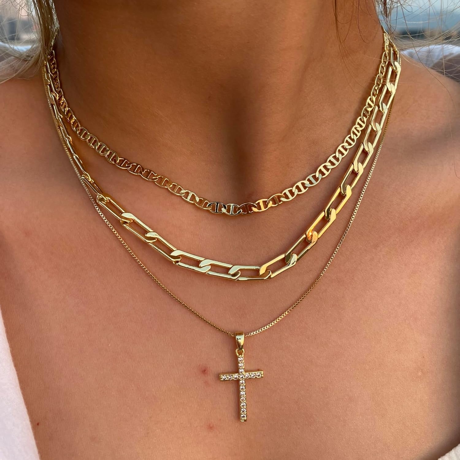 Cross Necklace for Women,Stackable Stacked Stacking Layering Layered Necklaces Dainty Gold Necklace Paperclip Box Flat Mariner Chain Necklace Cross Pendant CZ Diamond Simple Jewelry Gift