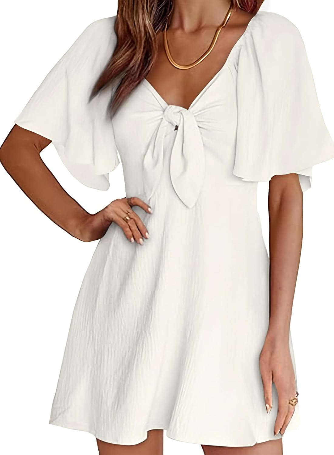 Womens Dresses 2025 Summer Fall Deep V Neck Elegant Bow Tie Mini Dress S-XL