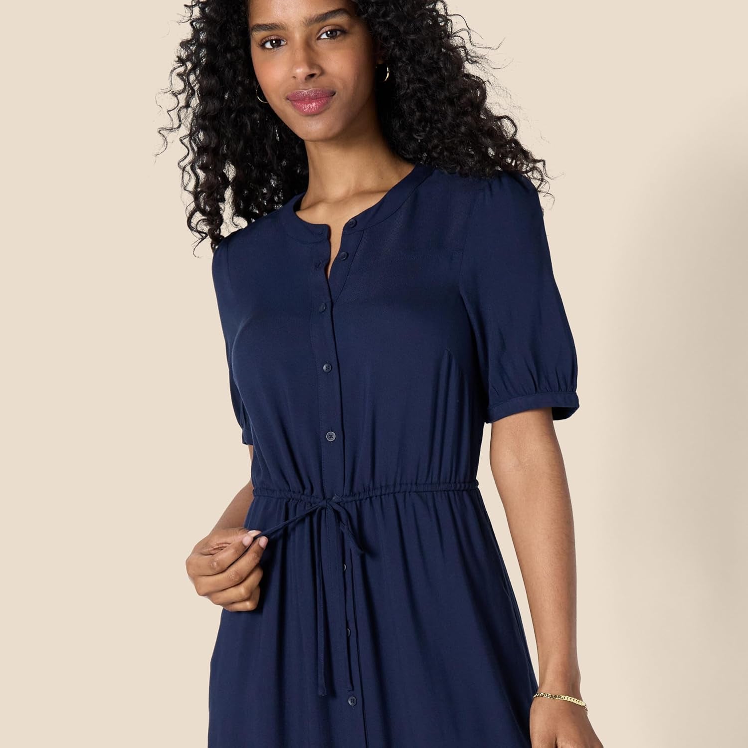 Women'S Relaxed Fit Half-Sleeve Waisted Midi A-Line Dress