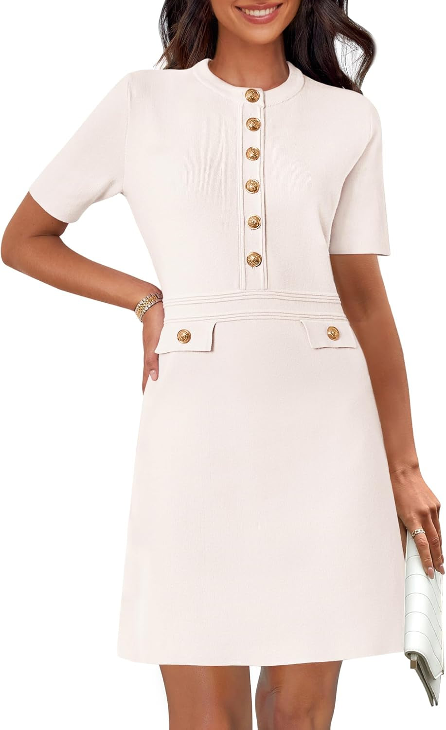 Women'S Knit Bodycon Sweater Dress Button Short Sleeve Crew Neck Elegant Formal Mini Dress