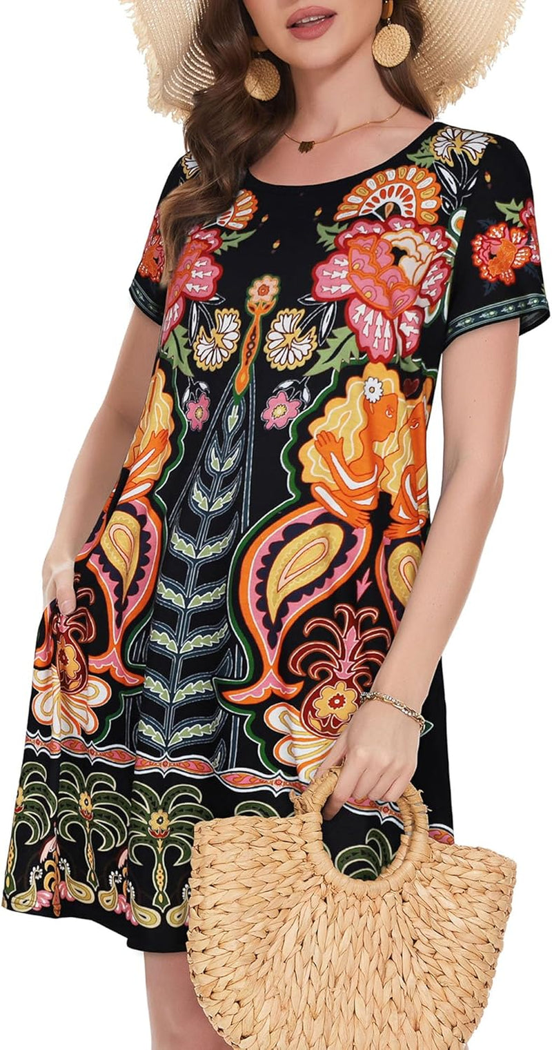 Summer Dresses for Women Casual Tshirt Short Sleeve Floral Sundress Beach Cover Ups with Pockets
