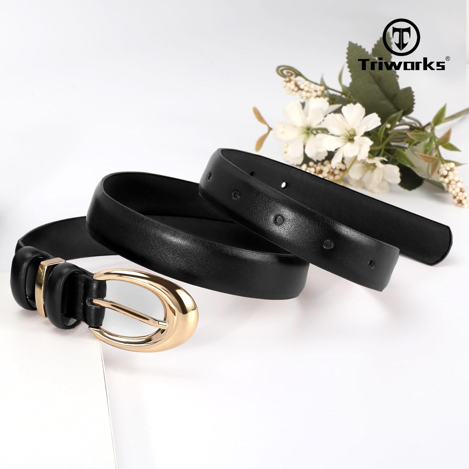 Women Leather Belt for Jeans Pants Fashion Ladies Skinny Faux Leather Dress Belt with Gold Buckle