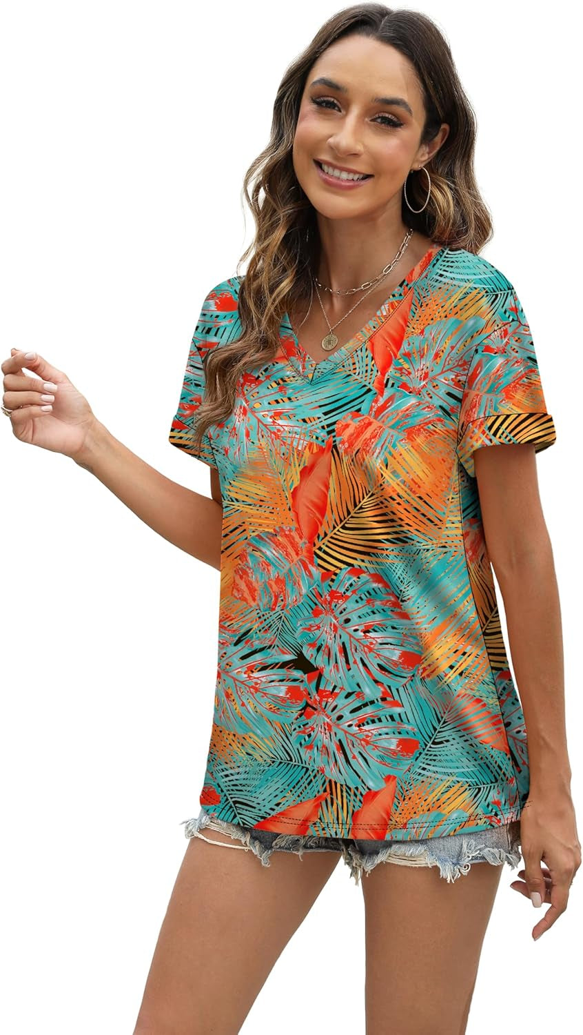 Womens T Shirts Short Sleeve Summer Tops Cute V Neck Casual Blouses