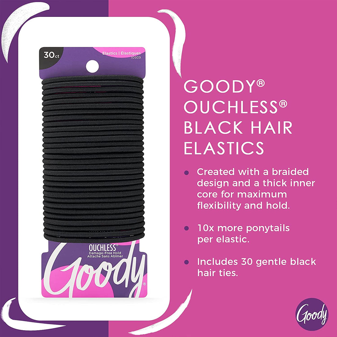 Ouchless Elastic Hair Ties - 30 Ct, Black, 4MM Rubber Bands for Hair, Pain-Free Hair Accessories for Women & Men, Made for Long-Lasting Braids, Ponytails & More, All Hair Types