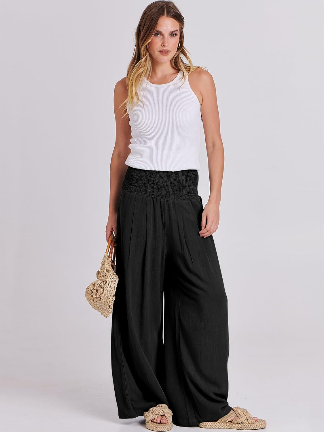 Women Linen Palazzo Pants Summer Boho Wide Leg High Waist Casual Lounge Pant 2025 Beach Travel Vacation Outfits