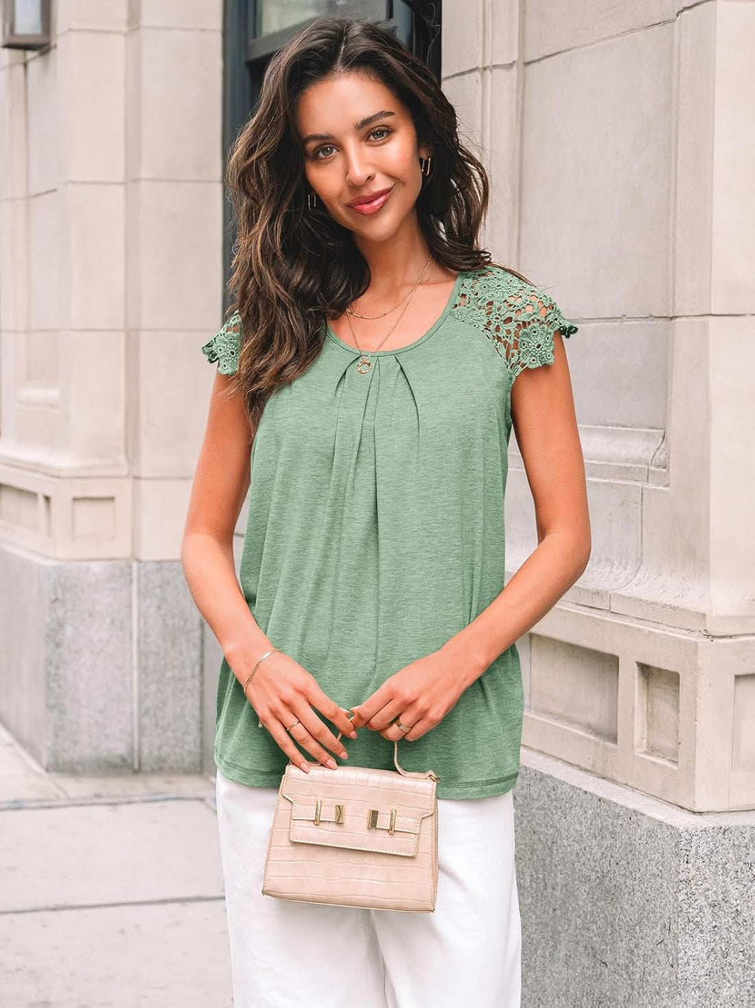 Womens Lace Tops Pleated Short Sleeve Shirts Summer Business Casual Dressy Blouses