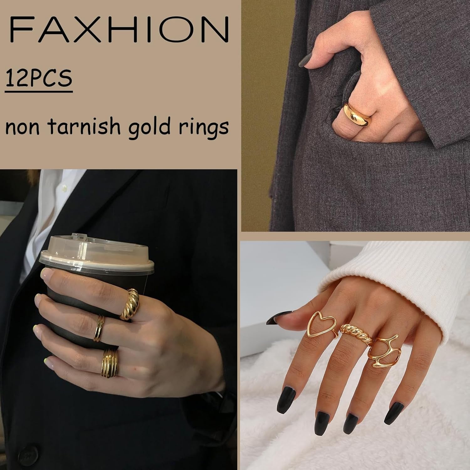 12PCS Gold Stackable Rings Set for Women, 18K Gold Plated Open Stacking Knuckle Ring, Adjustable Chunky Signet Band Statement Ring for Gift