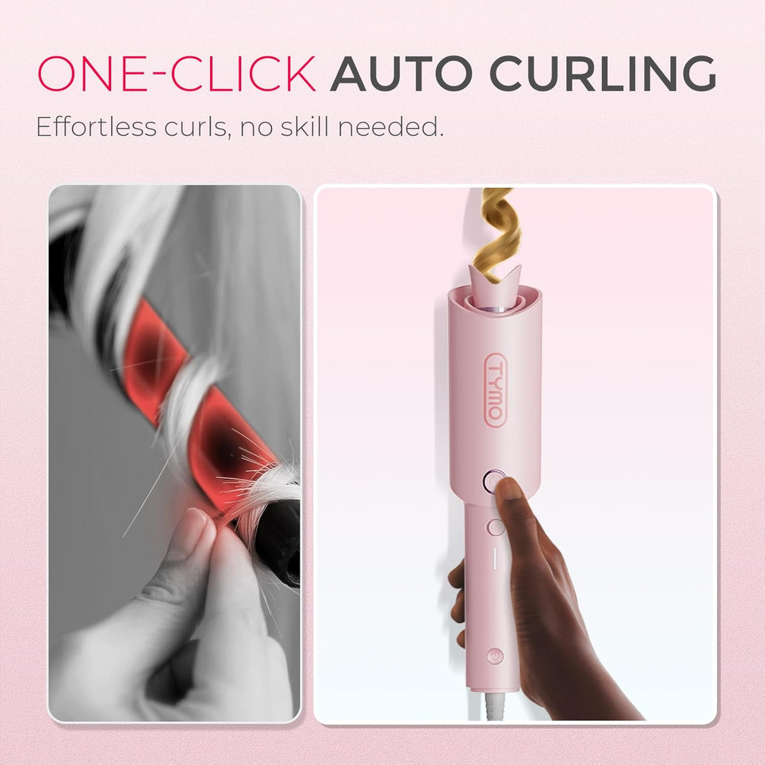 Automatic Rotating Curling Iron -  CURLPRO Beach Waves Curling Wand, Portable Hair Curler, 500 Million Ionic, Dual Voltage & Lightweight for Travel, Ceramic Coating, 1 Inch, Pink