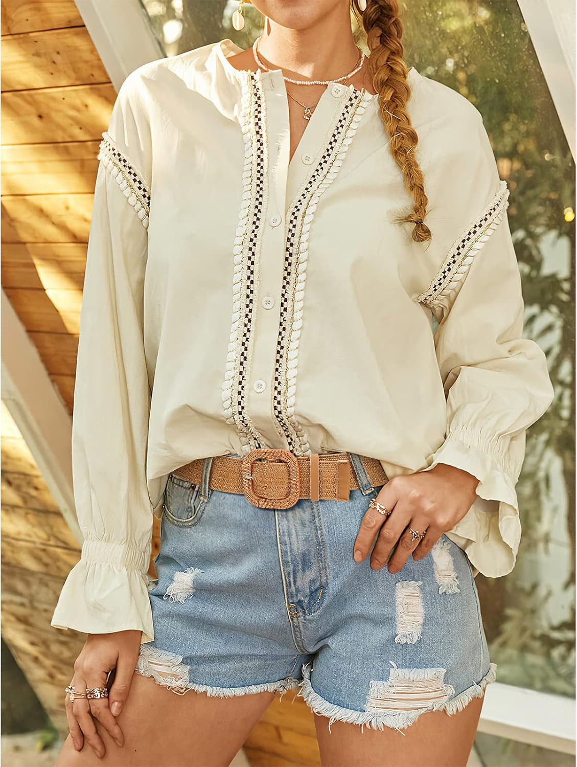4 Pack Straw Woven Elastic Stretch Waist Belt Fashion Boho Dress Braided Belts for Women