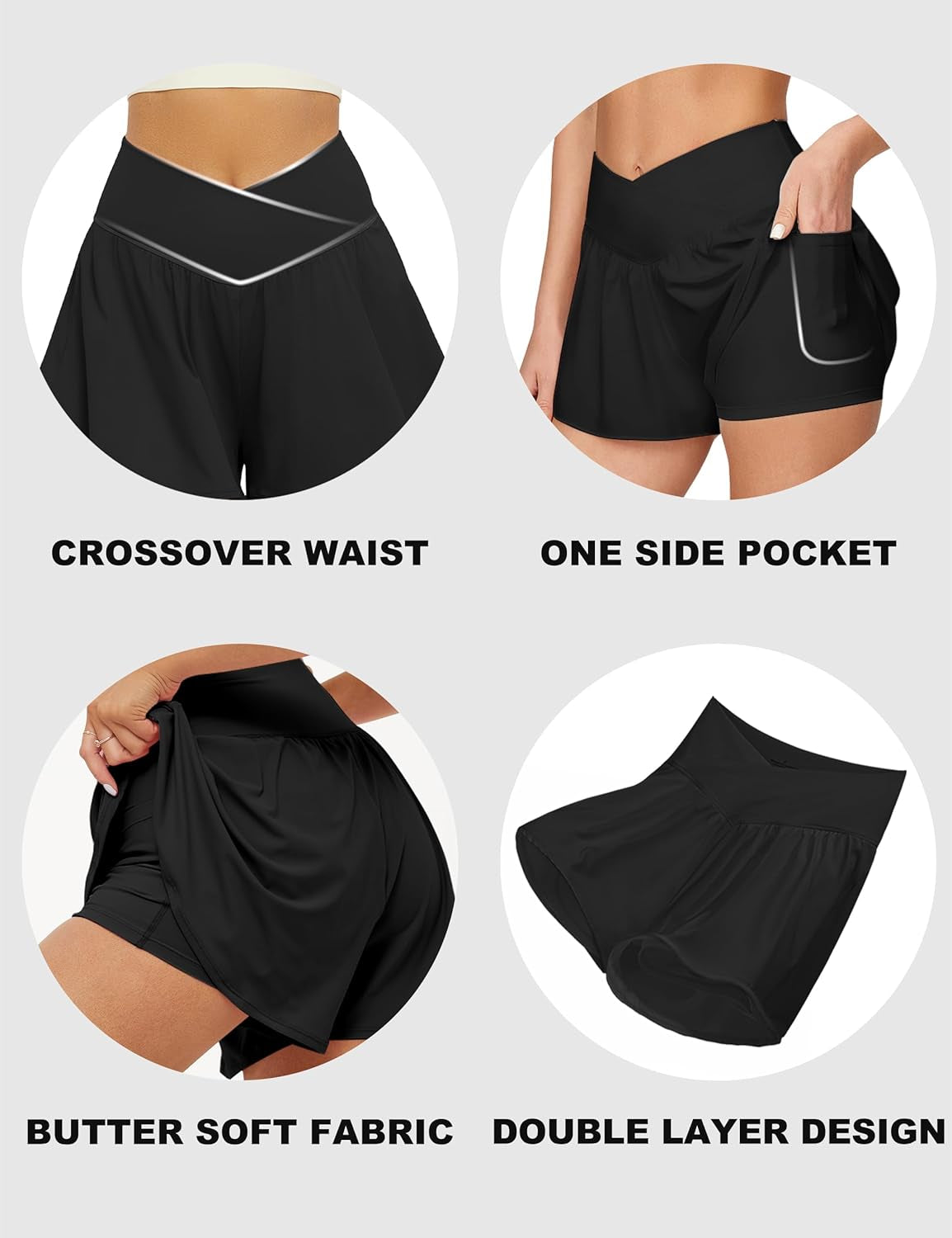 Crossover Athletic Shorts for Women 2 in 1 Flowy Running Shorts with Pockets Spandex Butterfly Workout Tennis Skorts