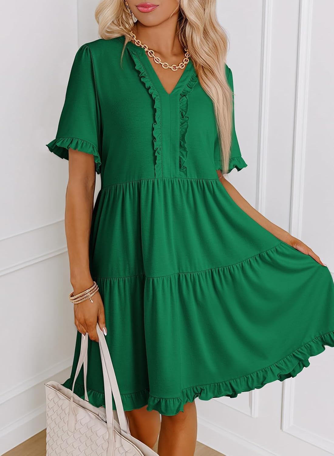Womens Dresses 2025 Summer Spring V Neck Short Sleeve Casual a Line Flowy Swing Shift Dress Mini Dress