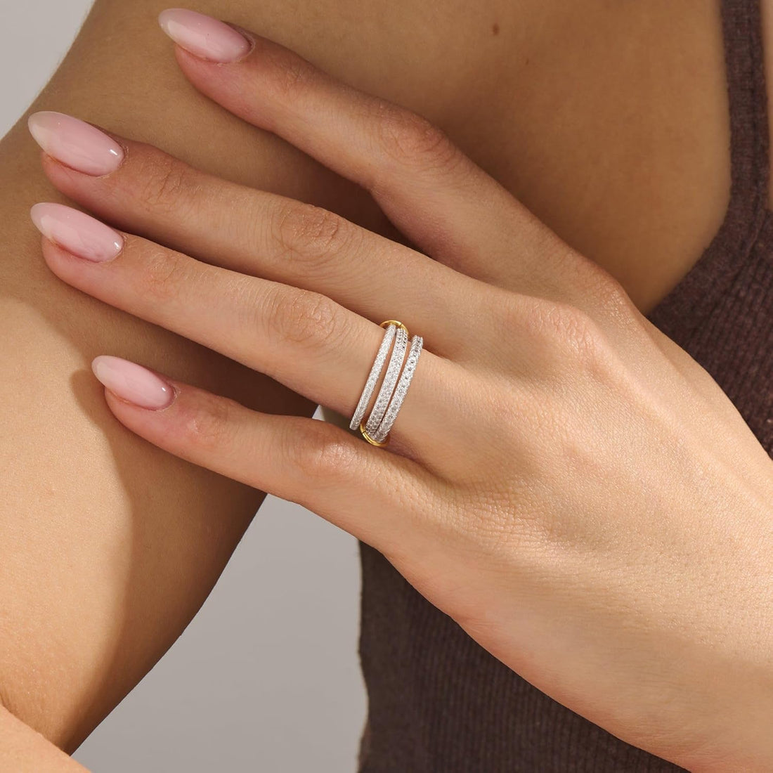 Silver Stackable Rings for Women Non Tarnish – Statement Mixed Metals Multi Ring Stack Rings Set Cubic Zirconia Two-Toned Connected Bands Stacking Jewelry Size 6-10