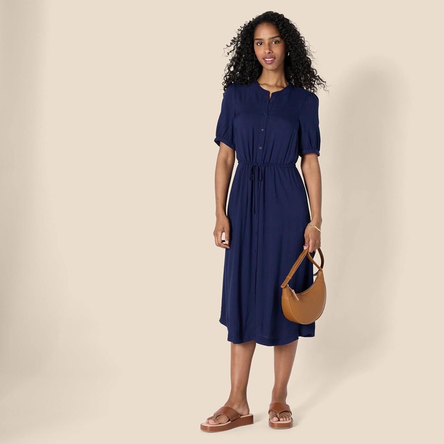 Women'S Relaxed Fit Half-Sleeve Waisted Midi A-Line Dress