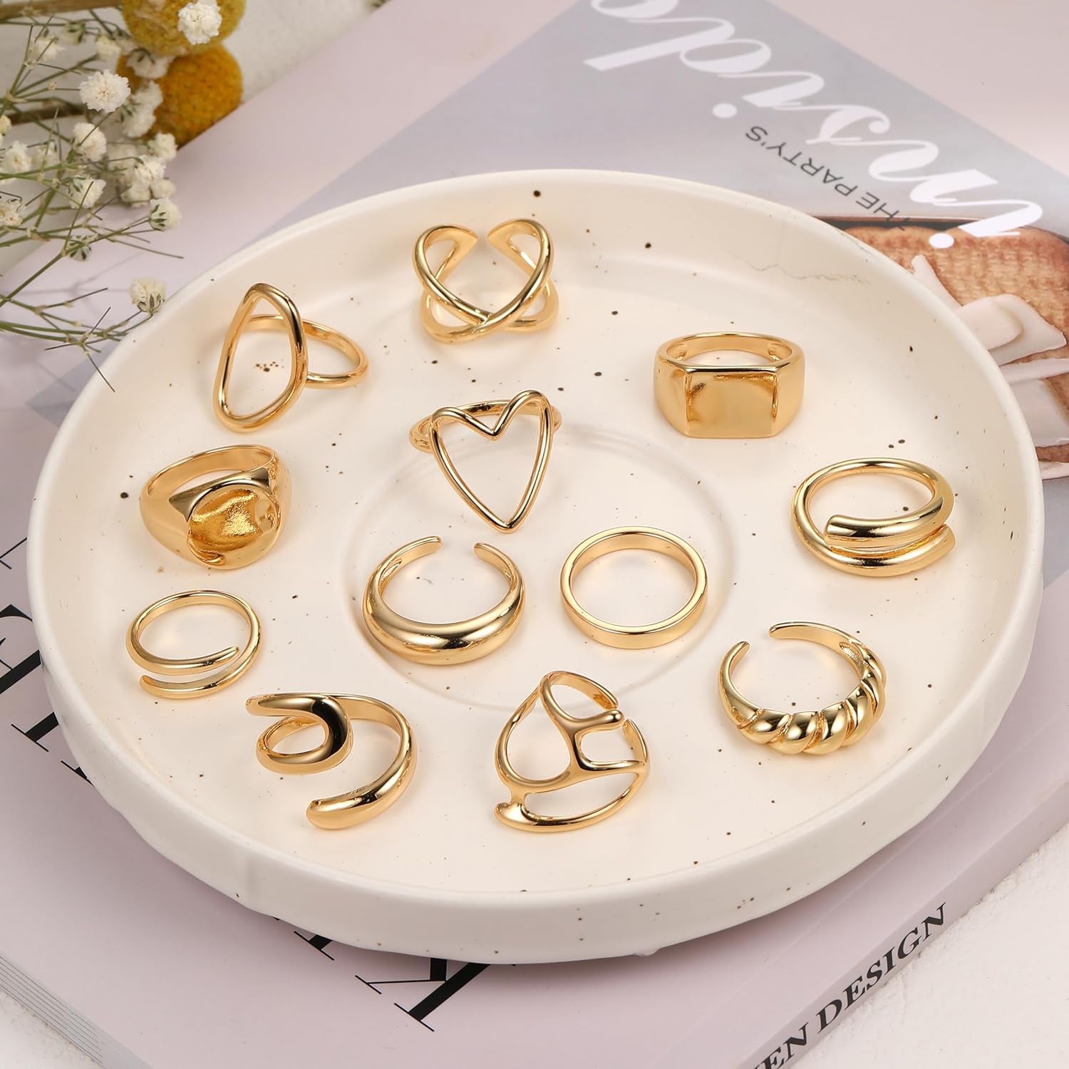 12PCS Gold Stackable Rings Set for Women, 18K Gold Plated Open Stacking Knuckle Ring, Adjustable Chunky Signet Band Statement Ring for Gift