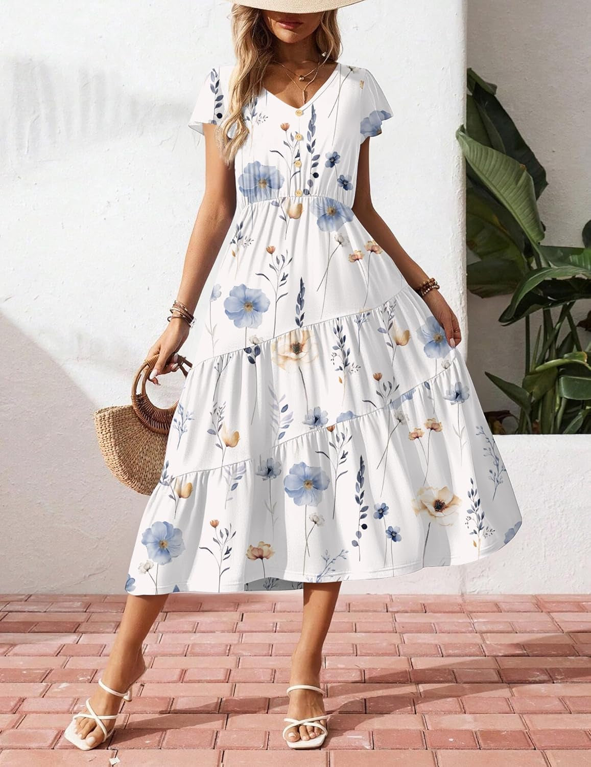 Women'S Summer Casual Dress Flutter Short Sleeve V Neck Button down Tiered Flowy Long Dress with Pockets