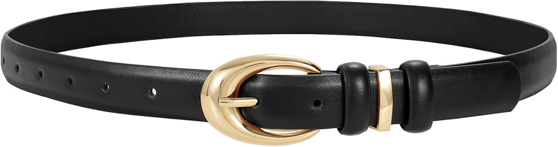 Women Leather Belt for Jeans Pants Fashion Ladies Skinny Faux Leather Dress Belt with Gold Buckle