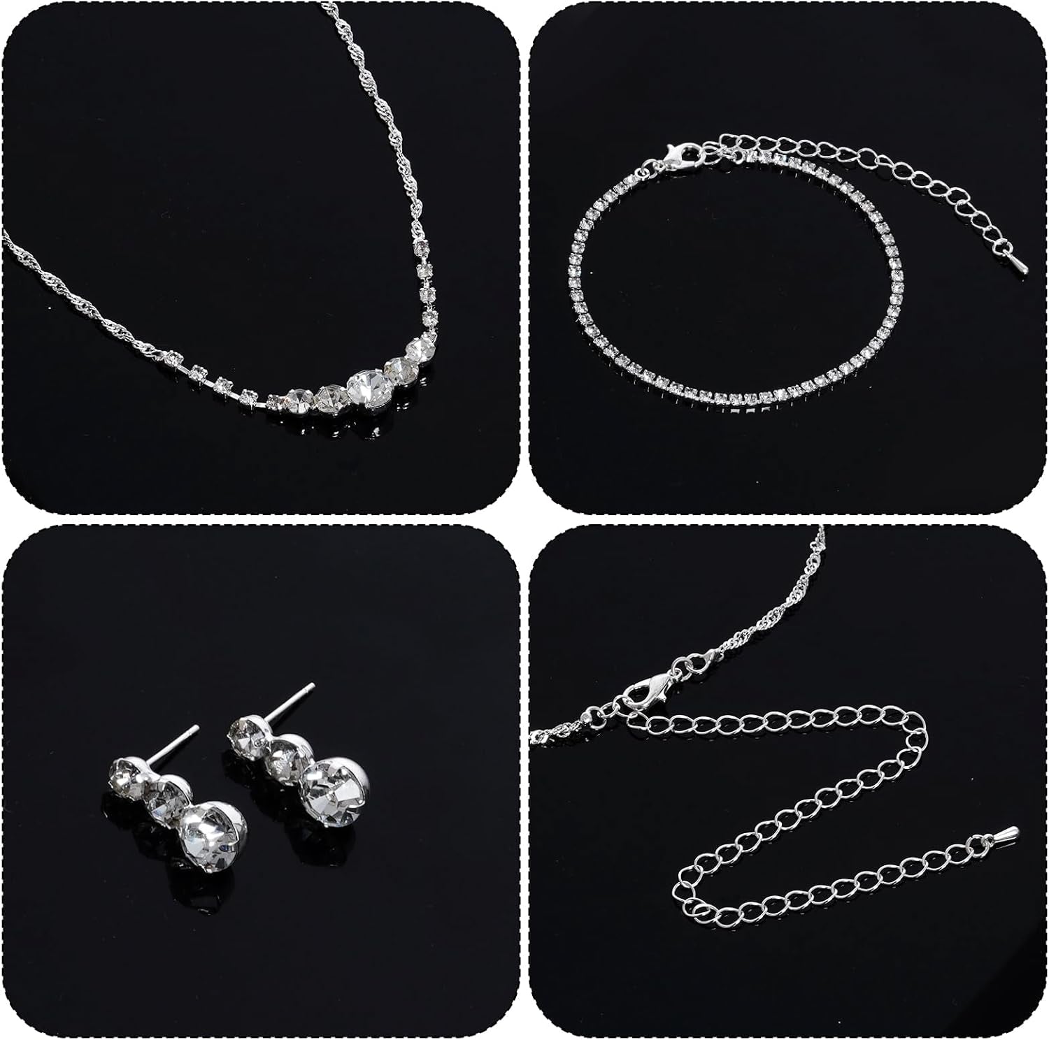 Women Jewelry Set Silver Necklace Earrings Bracelet Rhinestone Crystal Bridal Wedding Jewelry Sets for Brides Bridesmaid Wedding Party