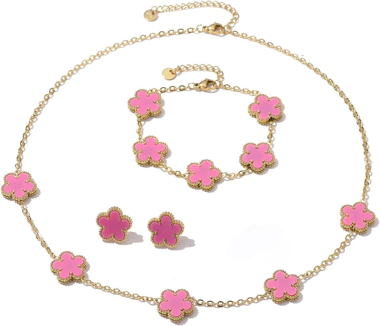 Clover Neckalce Bracelet Earring Set for Women 14K Gold Plated Stainless Steel Four Leaf Clover Jewelry Set
