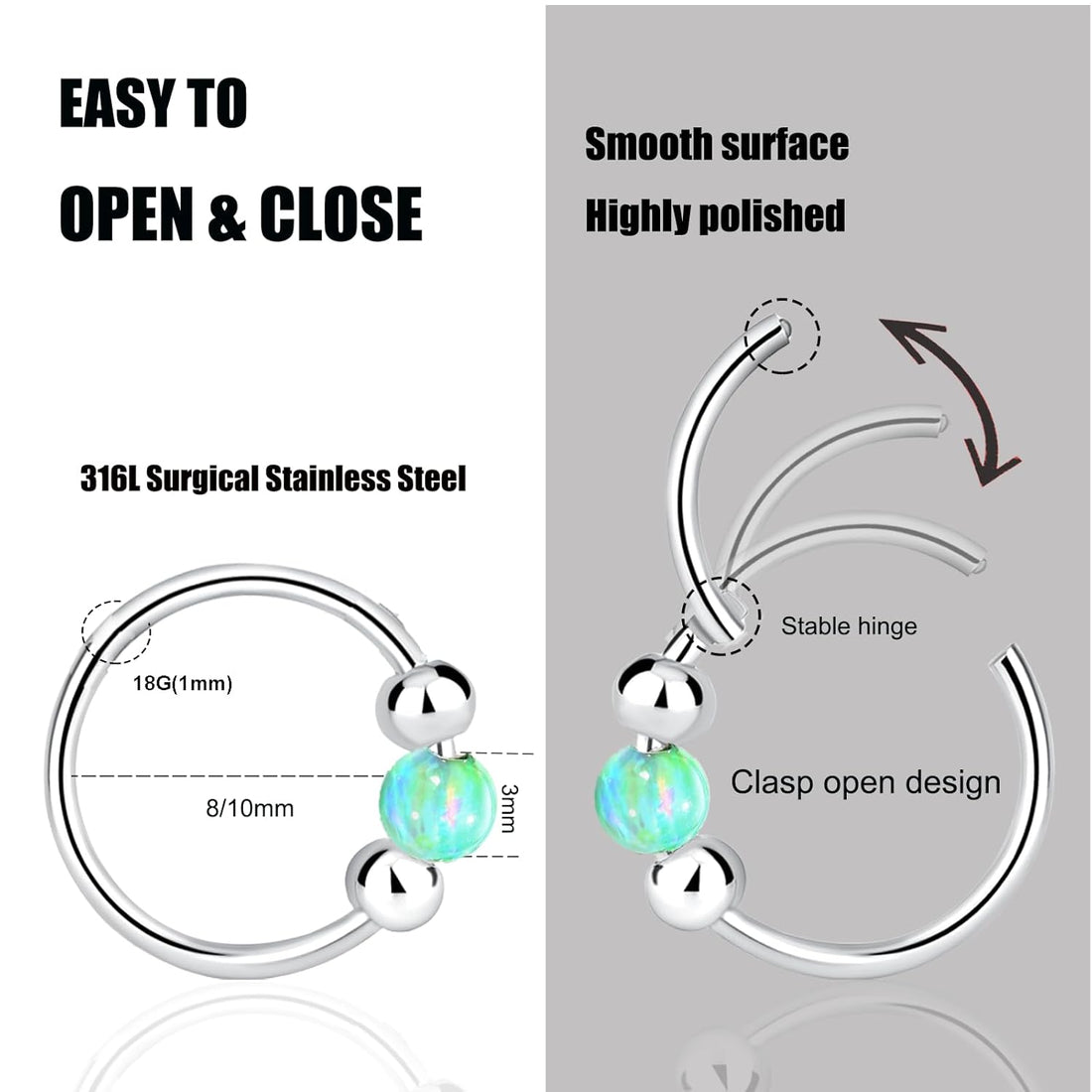 2 Pcs Small Cartilage Hoop Earrings for Women Men, 18G Opal Silver Earrings Hypoallergenic 316L Surgical Steel Hinge Huggie Hoop Earrings for Helix,Tragus,Conch,Rook,Earlobe Piercing Jewelry Nose Ring