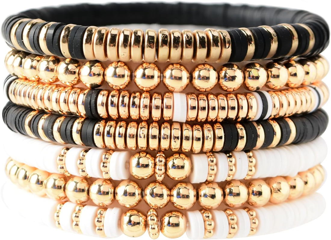 Surfer Heishi Clay Bead Bracelets for Women Bohemian Stackable Gold Beaded Stretch Bracelets Elastic Layering Friendship Bracelets Set Boho Jewelry