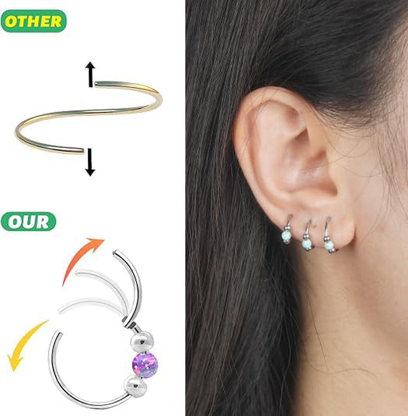 2 Pcs Small Cartilage Hoop Earrings for Women Men, 18G Opal Silver Earrings Hypoallergenic 316L Surgical Steel Hinge Huggie Hoop Earrings for Helix,Tragus,Conch,Rook,Earlobe Piercing Jewelry Nose Ring