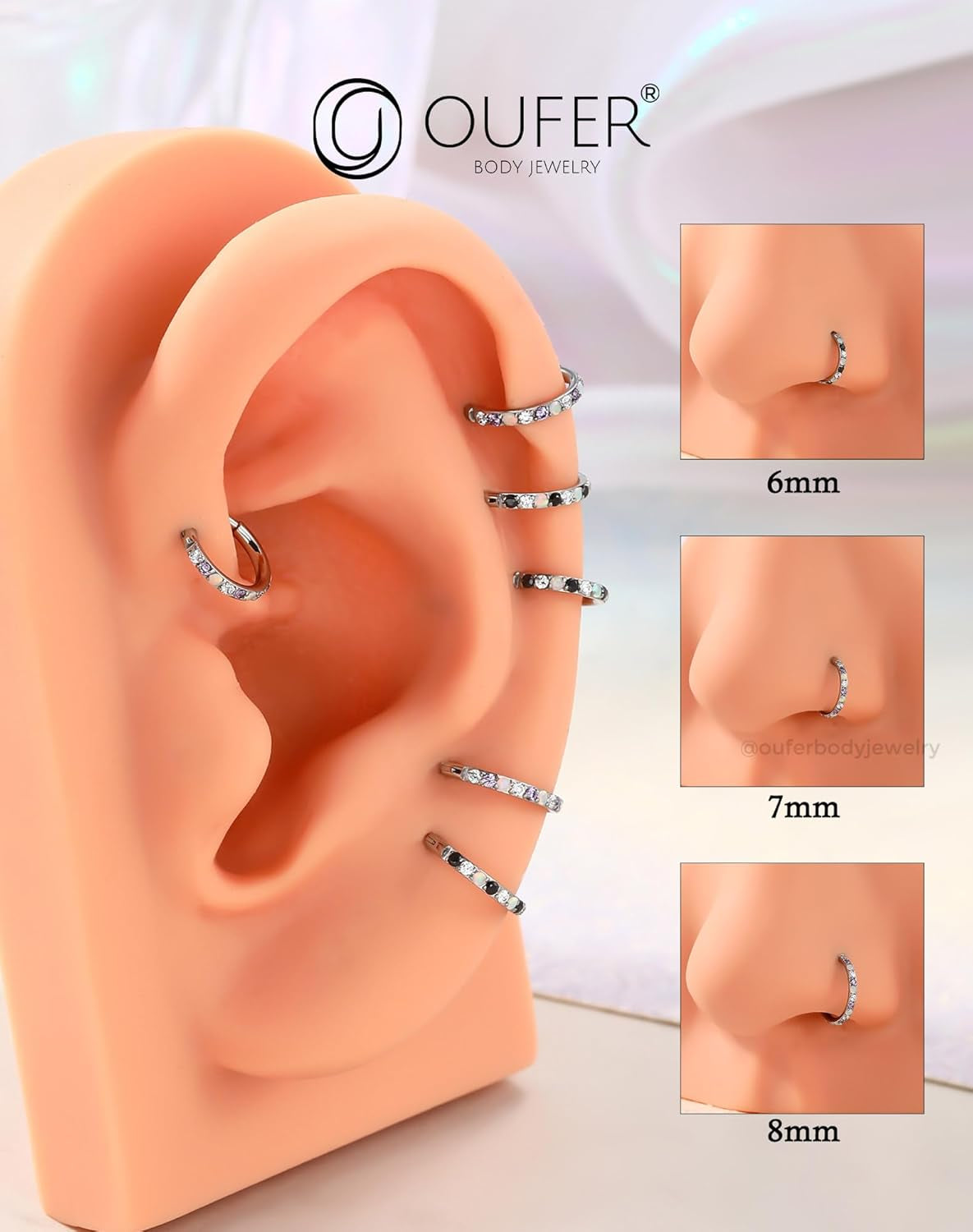 Opal and CZ 20G Nose Rings Hoops, 316L Surgical Steel Hinged Segment Nose Piercing Jewelry, Septum Lip Eyebrow Rings Cartilage Conch Rook Helix Tragus Daith Earrings for Women and Men-6/7/8Mm