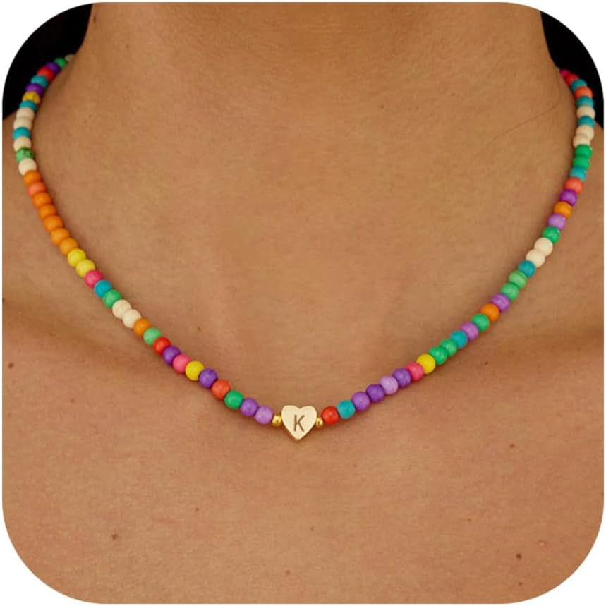 Initial Necklaces for Women Teen Trendy Colorful Beaded Heart Letter Charm Choker Boho Necklace Dainty Personalized Cute Jewelry Gifts
