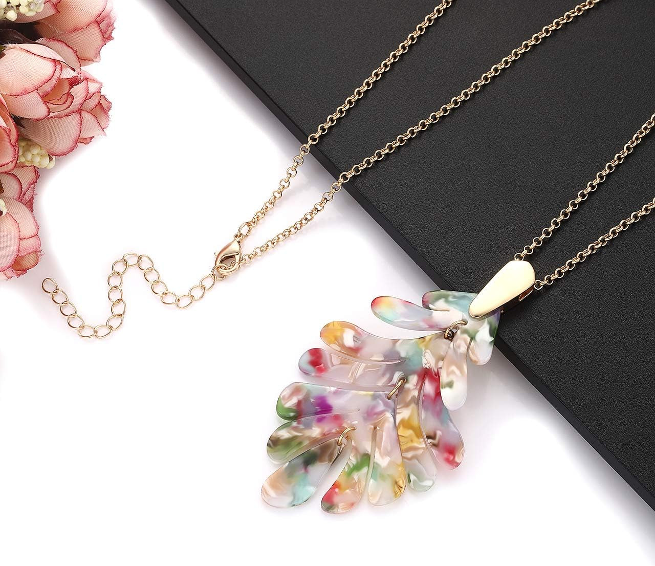 Acrylic Pendant Necklace Earrings – Long Statement Leaf Charm Necklace Tortoise Resin Palm Leaf Earrings Fashion Necklaces Earrings for Women