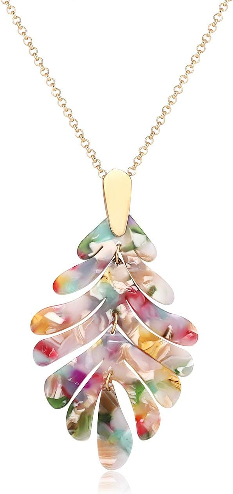 Acrylic Pendant Necklace Earrings – Long Statement Leaf Charm Necklace Tortoise Resin Palm Leaf Earrings Fashion Necklaces Earrings for Women
